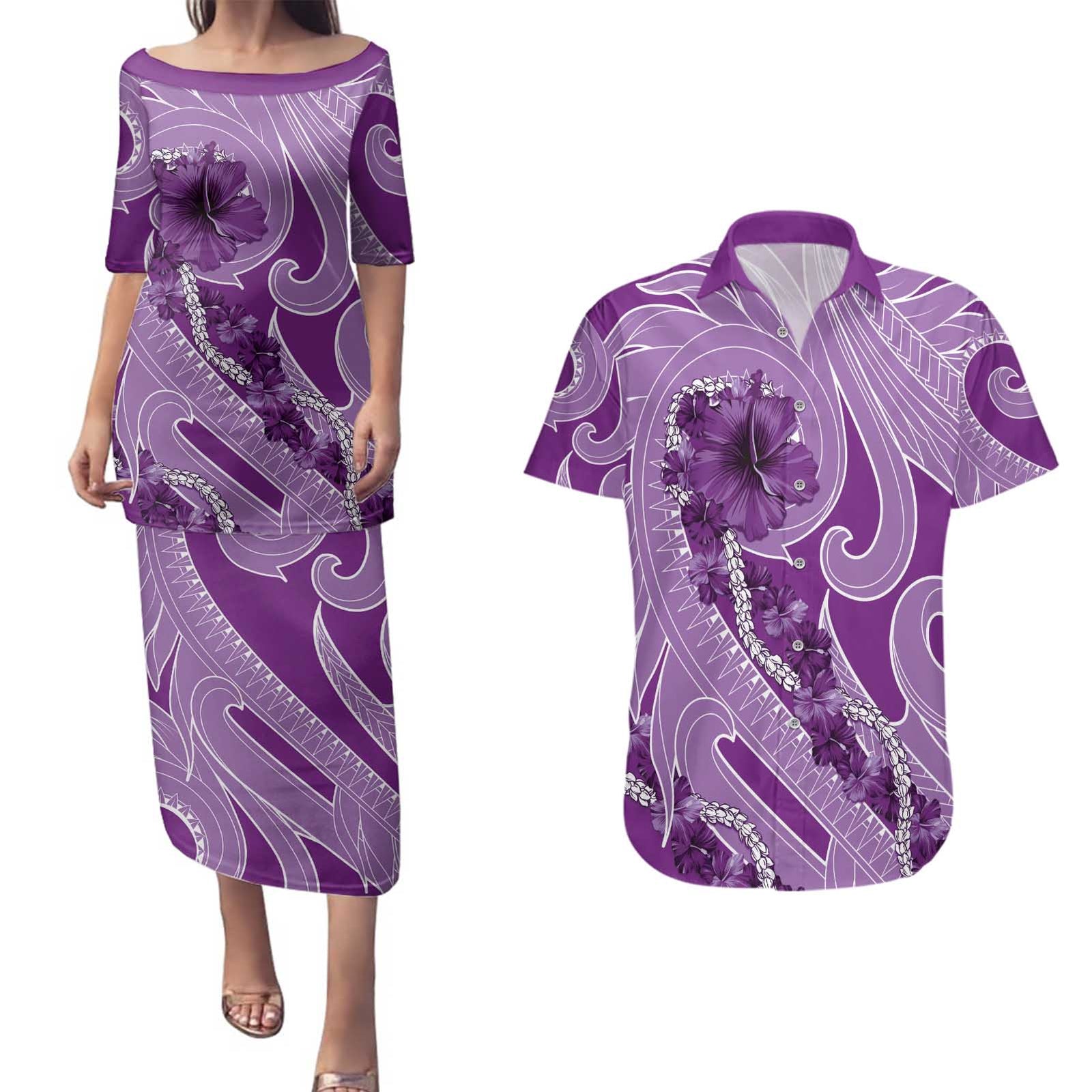 Hawaii Violet Hibiscus Pikake Lei Couples Matching Puletasi and Hawaiian Shirt - Polynesian Pride