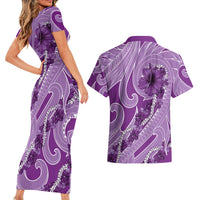 Hawaii Violet Hibiscus Pikake Lei Couples Matching Short Sleeve Bodycon Dress and Hawaiian Shirt - Polynesian Pride