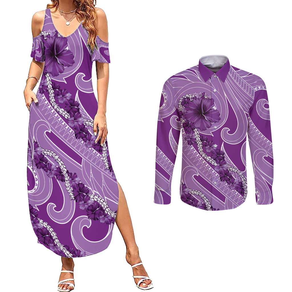 Hawaii Violet Hibiscus Pikake Lei Couples Matching Summer Maxi Dress and Long Sleeve Button Shirt - Polynesian Pride