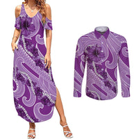 Hawaii Violet Hibiscus Pikake Lei Couples Matching Summer Maxi Dress and Long Sleeve Button Shirt - Polynesian Pride