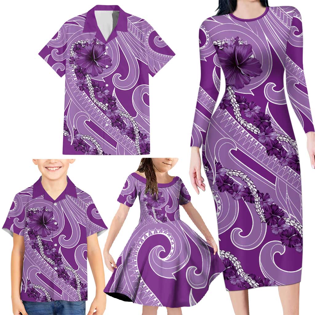 Hawaii Violet Hibiscus Pikake Lei Family Matching Long Sleeve Bodycon Dress and Hawaiian Shirt - Polynesian Pride