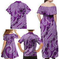 Hawaii Violet Hibiscus Pikake Lei Family Matching Off Shoulder Maxi Dress and Hawaiian Shirt - Polynesian Pride