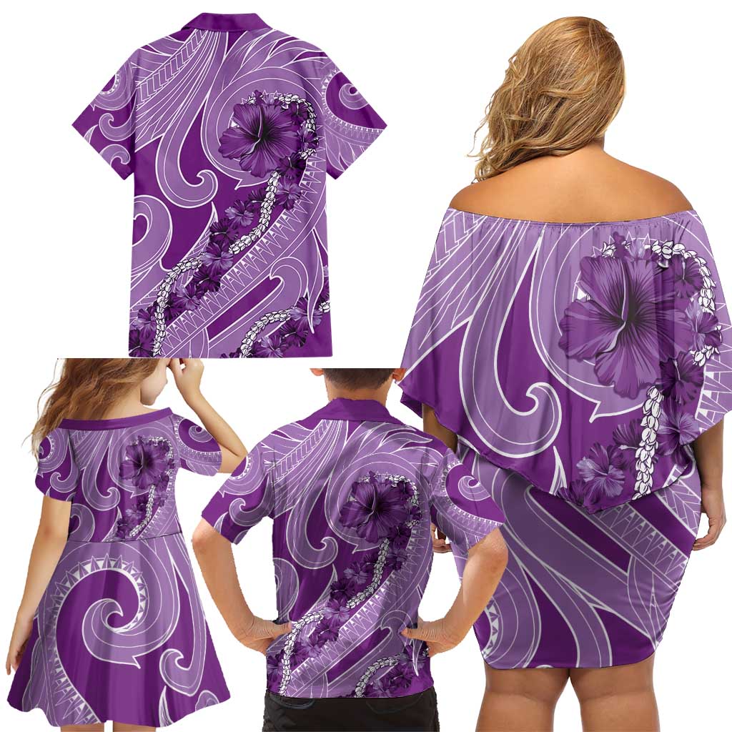 Hawaii Violet Hibiscus Pikake Lei Family Matching Off Shoulder Short Dress and Hawaiian Shirt - Polynesian Pride