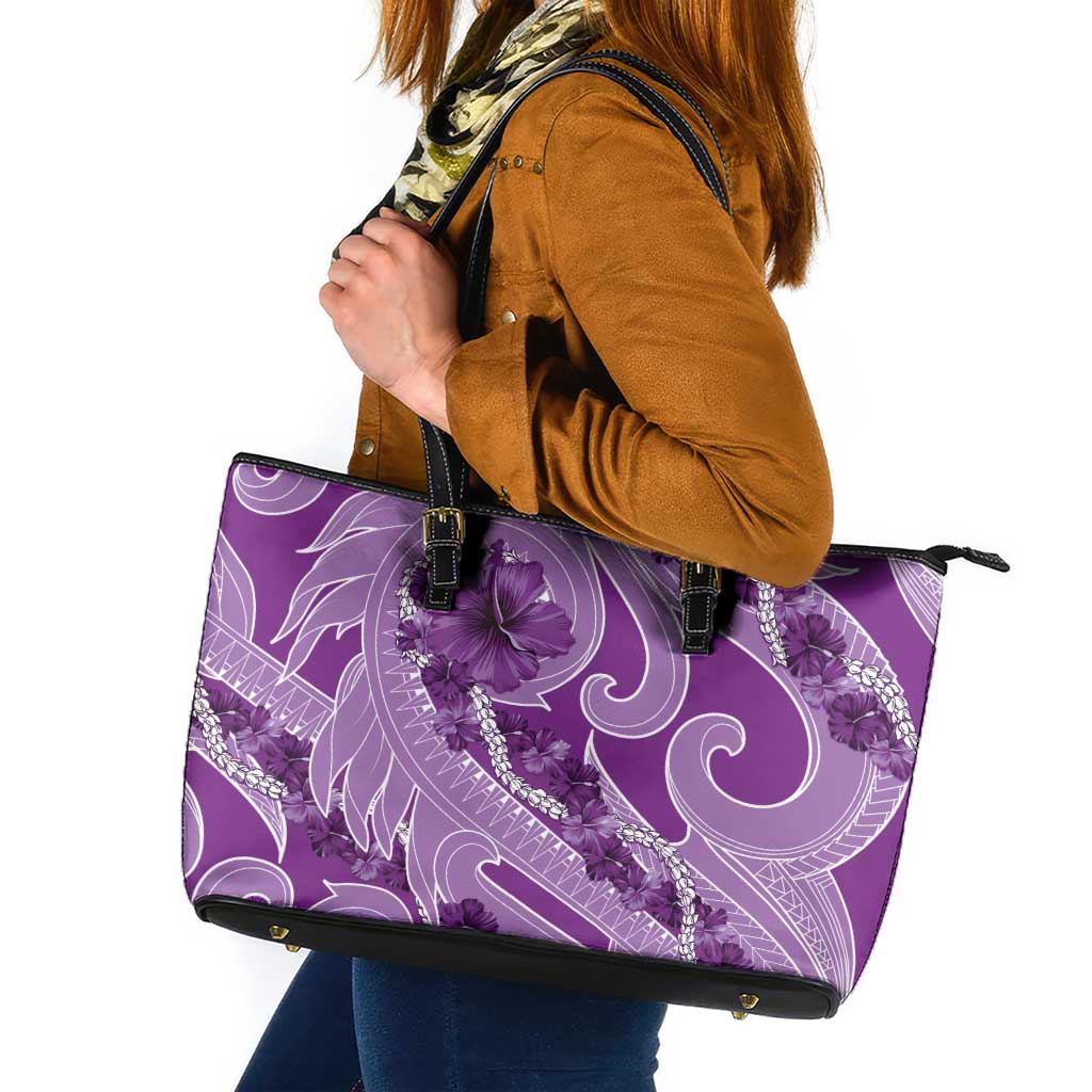 Hawaii Violet Hibiscus Pikake Lei Leather Tote Bag LT05 Violet - Polynesian Pride
