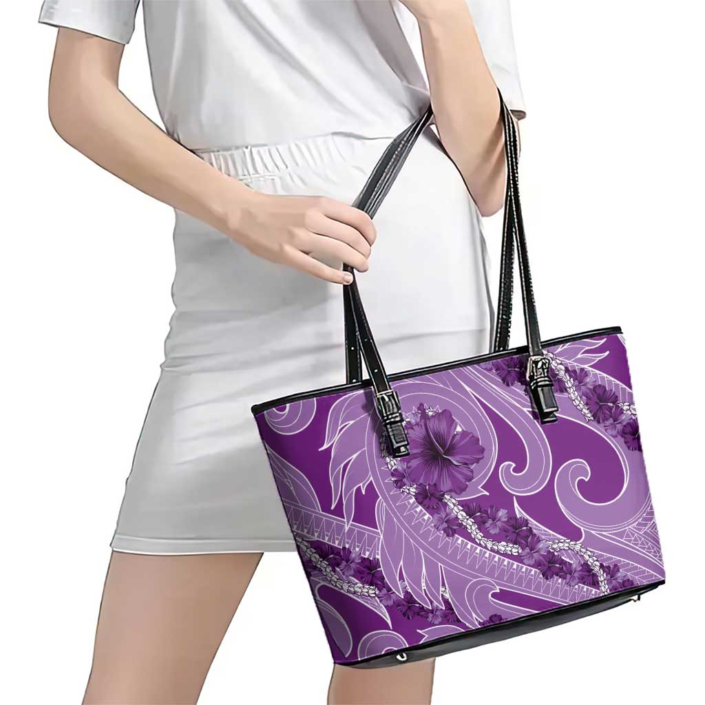 Hawaii Violet Hibiscus Pikake Lei Leather Tote Bag LT05 - Polynesian Pride