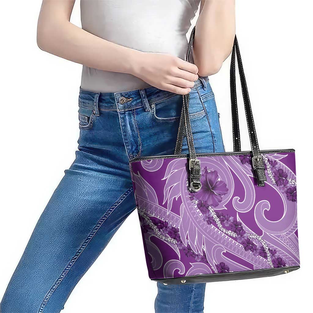 Hawaii Violet Hibiscus Pikake Lei Leather Tote Bag LT05 - Polynesian Pride