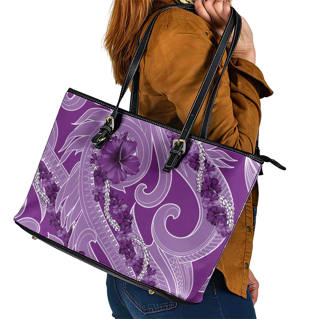 Hawaii Violet Hibiscus Pikake Lei Leather Tote Bag LT05 - Polynesian Pride