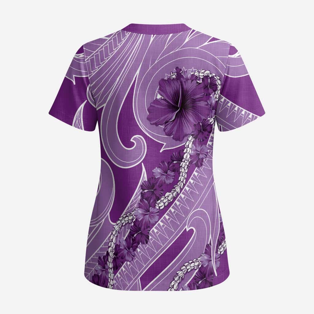 Hawaii Violet Hibiscus Pikake Lei Scrub Top - Polynesian Pride