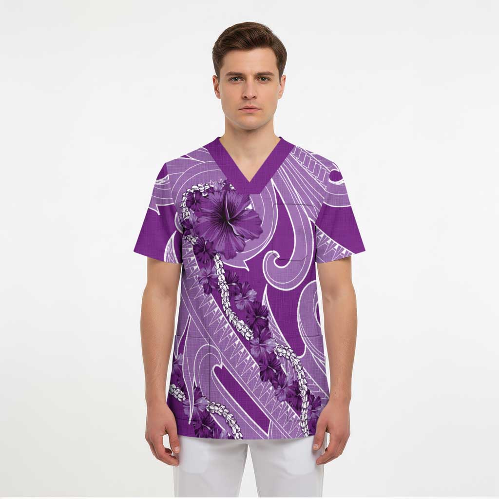 Hawaii Violet Hibiscus Pikake Lei Scrub Top - Polynesian Pride