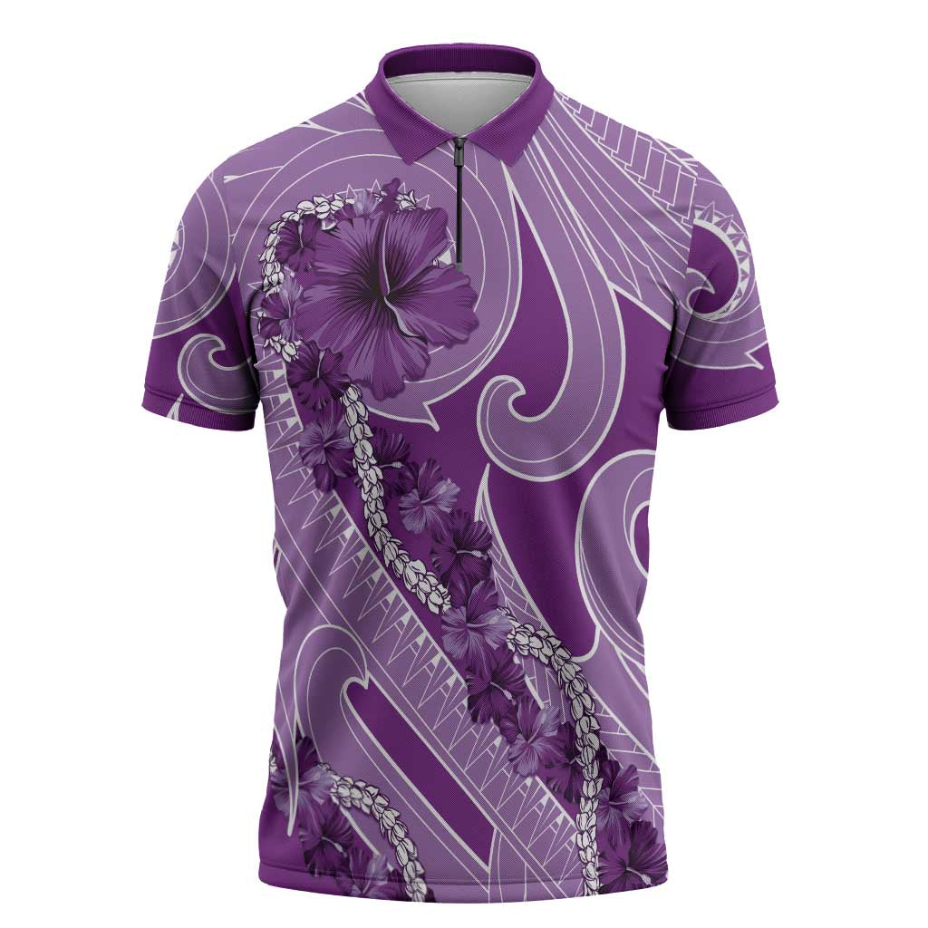 Hawaii Violet Hibiscus Pikake Lei Zipper Polo Shirt - Polynesian Pride