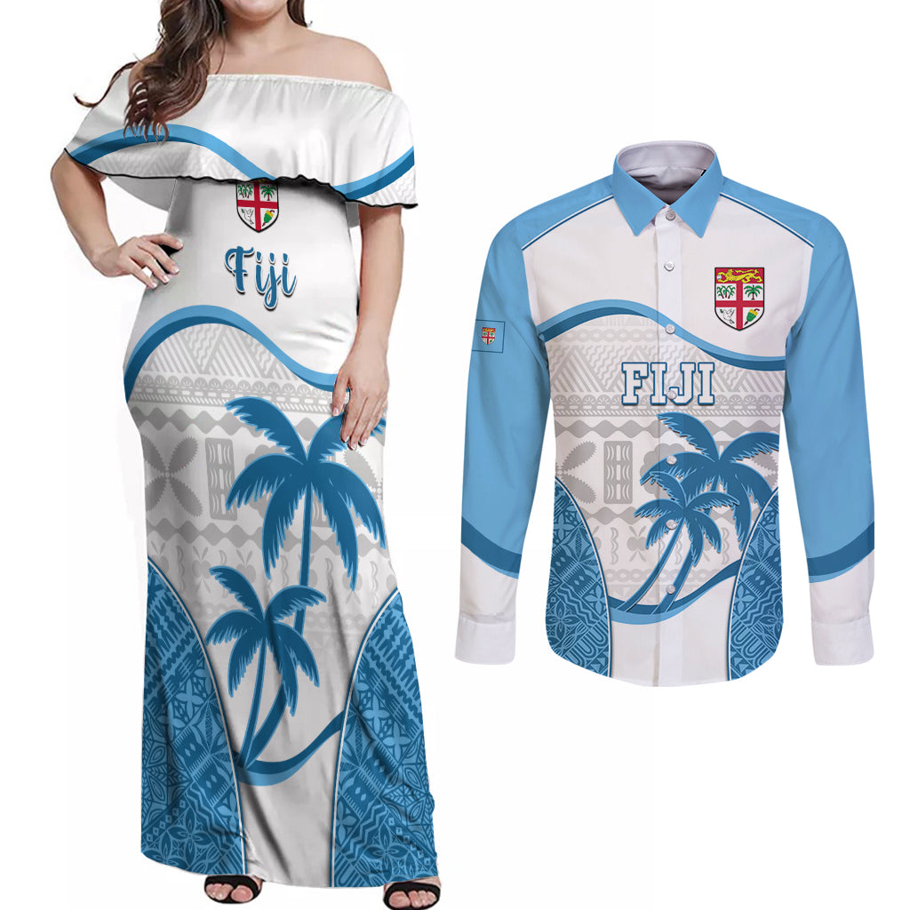 Fiji Rugby Couples Matching Off Shoulder Maxi Dress and Long Sleeve Button Shirts World Cup 2023 Fijian Tapa Pattern Blue Version LT05 Blue - Polynesian Pride