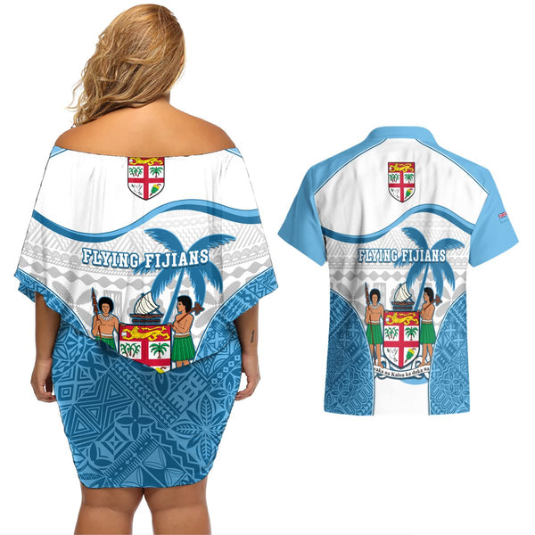 Custom Fiji Rugby Couples Matching Off The Shoulder Long Sleeve Dress and Hawaiian Shirt World Cup 2023 Go Champions Fijian Tapa Blue Version LT14 main image 1