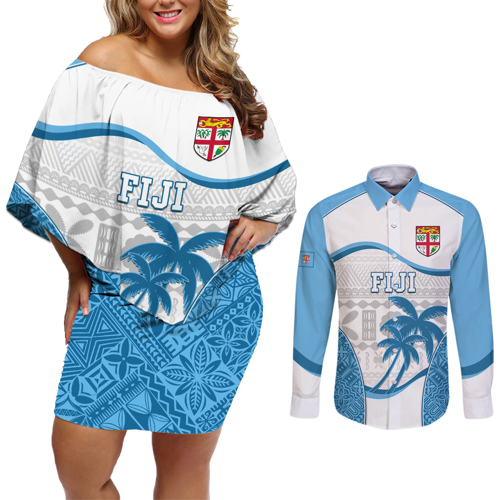 Fiji Rugby Couples Matching Off Shoulder Short Dress and Long Sleeve Button Shirts World Cup 2023 Fijian Tapa Pattern Blue Version LT05 Blue - Polynesian Pride