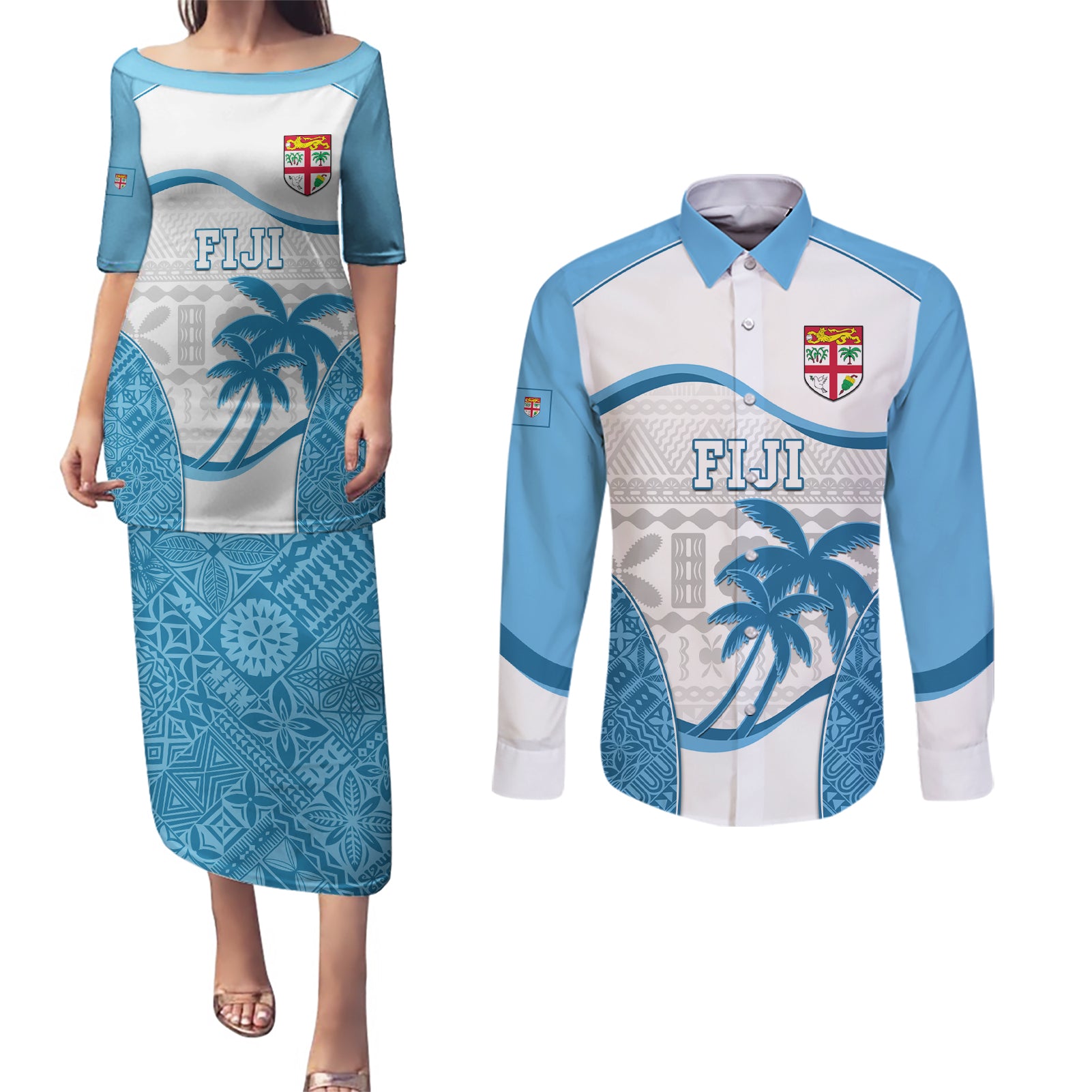 Fiji Rugby Couples Matching Puletasi Dress and Long Sleeve Button Shirts World Cup 2023 Fijian Tapa Pattern Blue Version LT05 Blue - Polynesian Pride