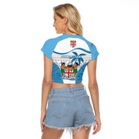 Fiji Rugby Raglan Cropped T Shirt World Cup 2023 Fijian Tapa Pattern Blue Version LT05 - Polynesian Pride