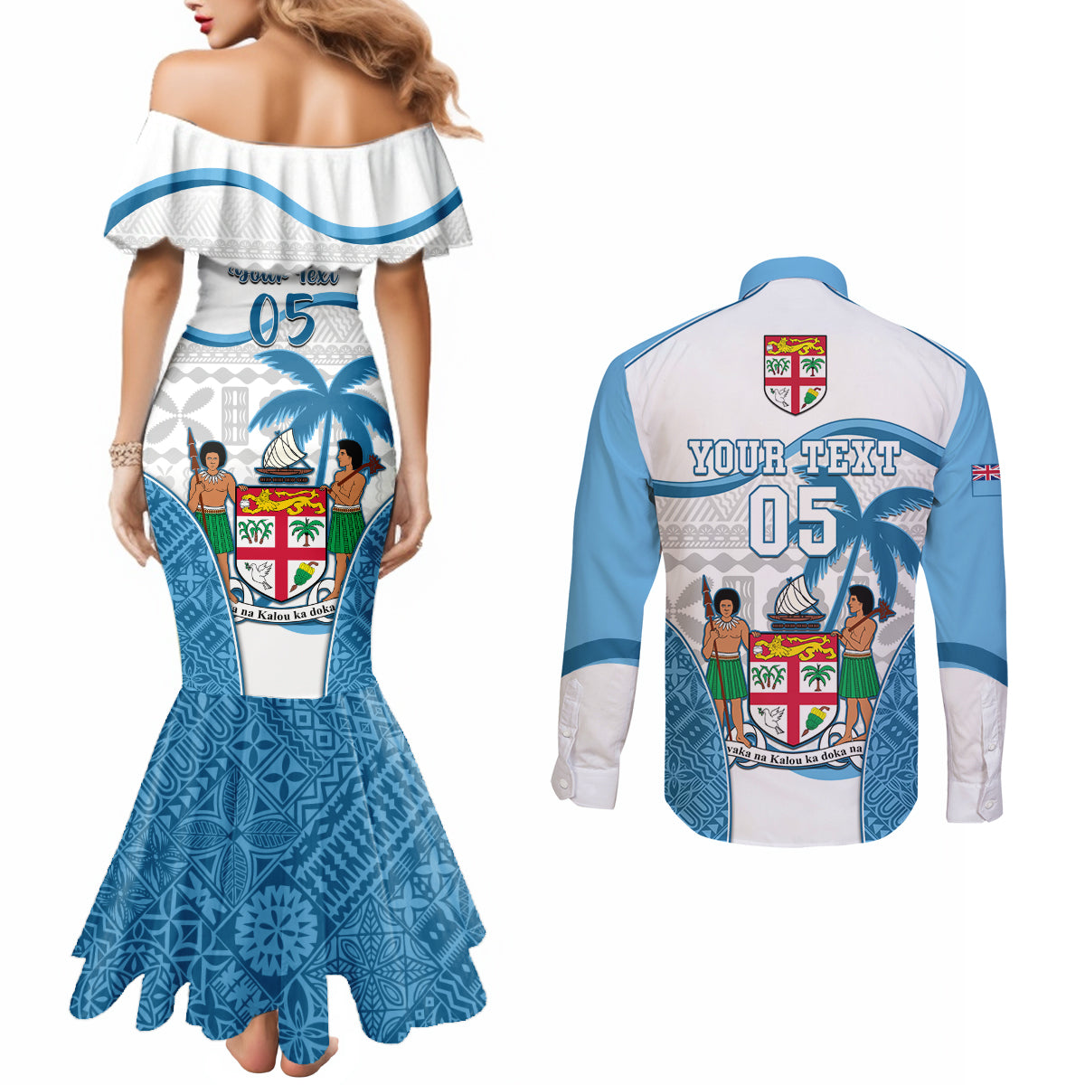 Custom Fiji Rugby Couples Matching Mermaid Dress and Long Sleeve Button Shirts World Cup 2023 Fijian Tapa Pattern Blue Version LT05 - Polynesian Pride