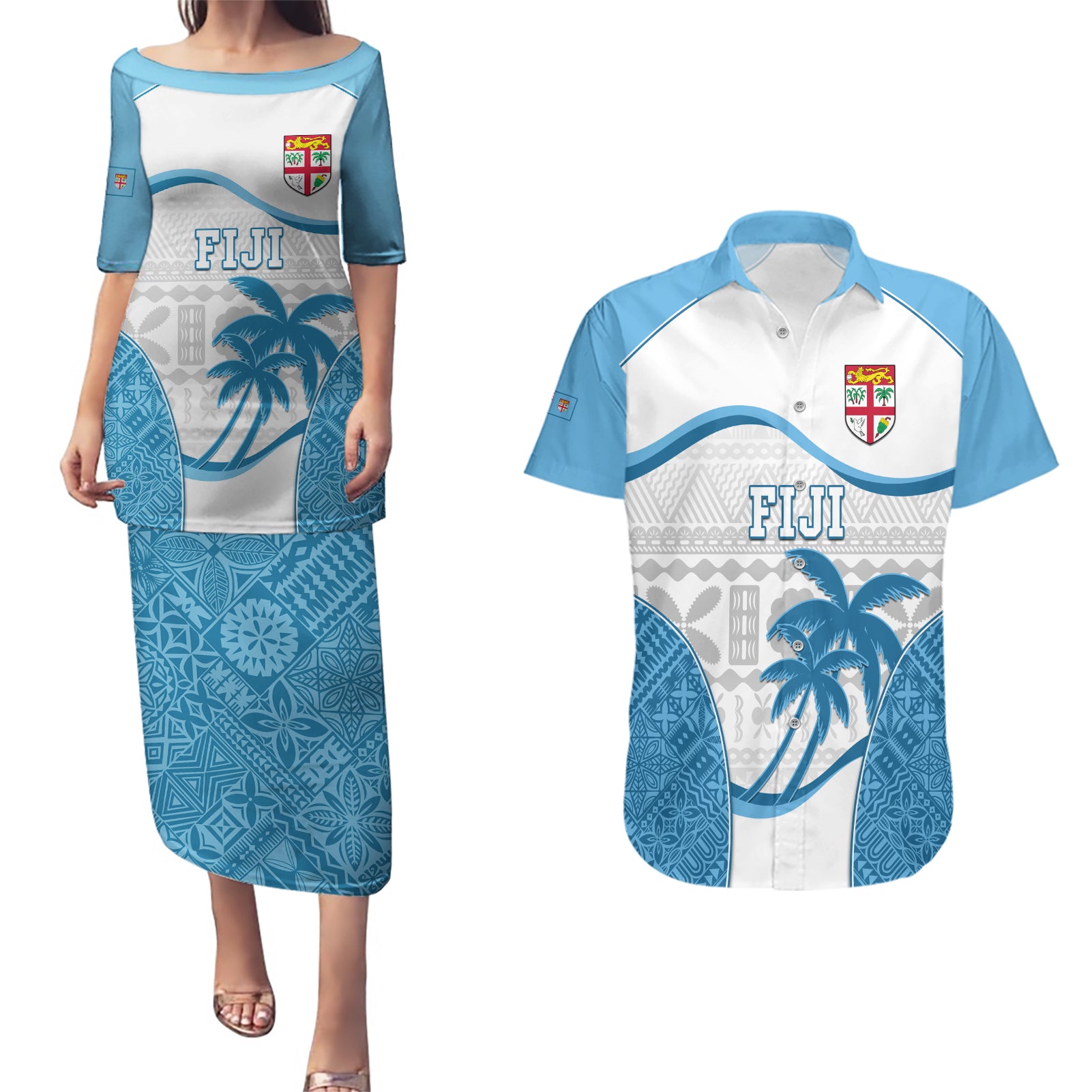 Custom Fiji Rugby Couples Matching Puletasi Dress and Hawaiian Shirt World Cup 2023 Fijian Tapa Pattern Blue Version LT05 Blue - Polynesian Pride