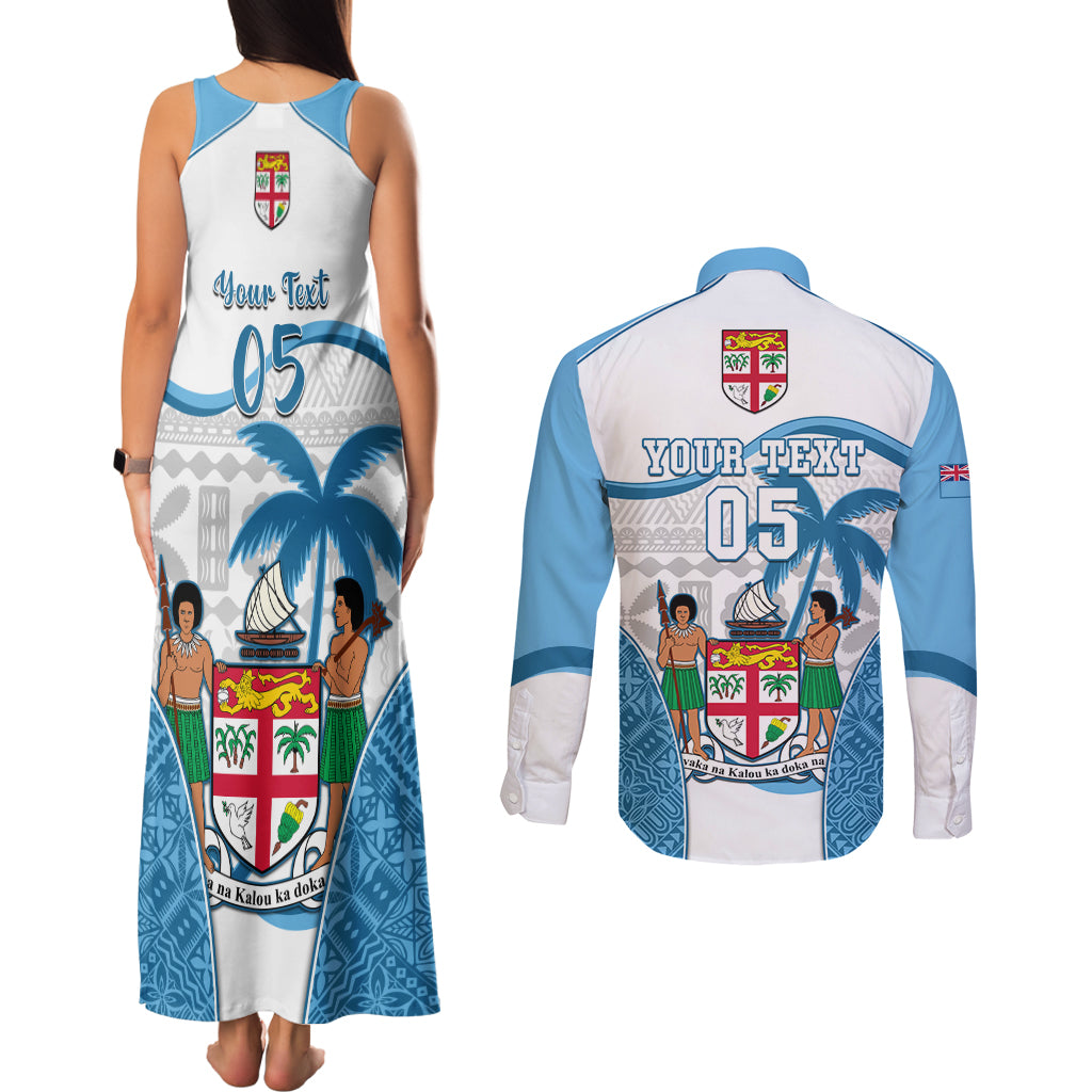 Custom Fiji Rugby Couples Matching Tank Maxi Dress and Long Sleeve Button Shirts World Cup 2023 Fijian Tapa Pattern Blue Version LT05 - Polynesian Pride
