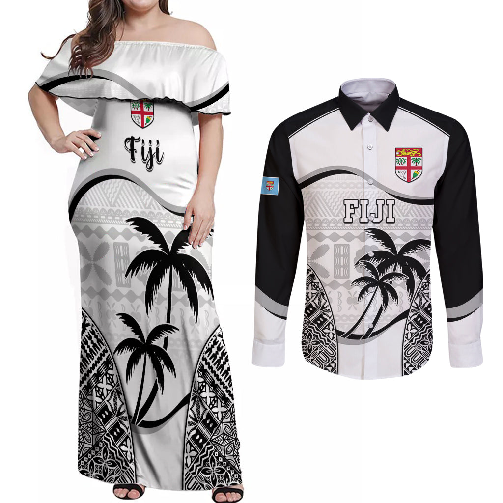 Fiji Rugby Couples Matching Off Shoulder Maxi Dress and Long Sleeve Button Shirts World Cup 2023 Fijian Tapa Pattern Black Version LT05 Black - Polynesian Pride