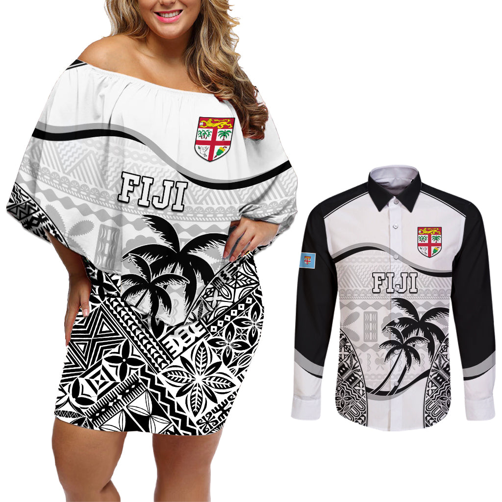 Fiji Rugby Couples Matching Off Shoulder Short Dress and Long Sleeve Button Shirts World Cup 2023 Fijian Tapa Pattern Black Version LT05 Black - Polynesian Pride