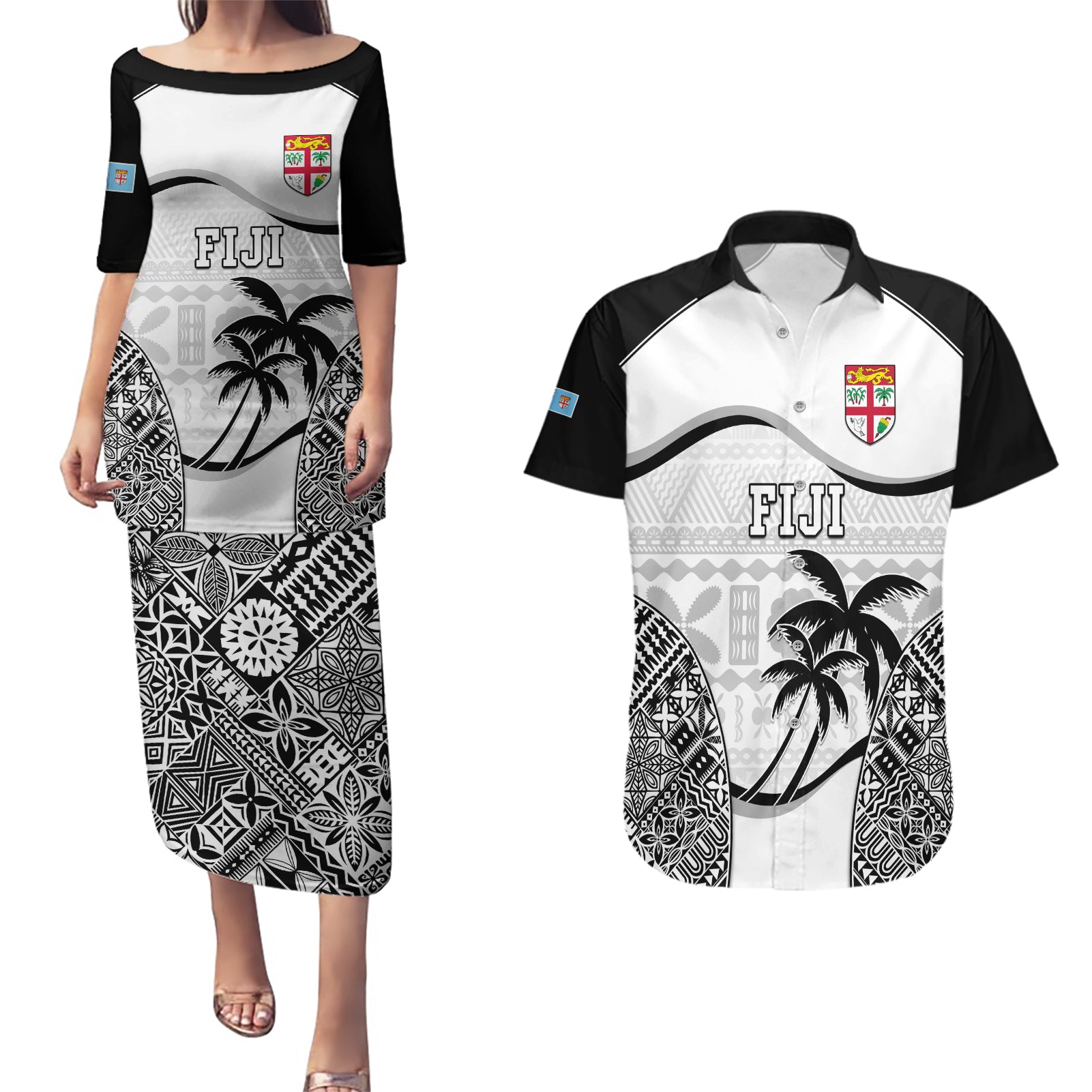 Fiji Rugby Couples Matching Puletasi Dress and Hawaiian Shirt World Cup 2023 Fijian Tapa Pattern Black Version LT05 Black - Polynesian Pride
