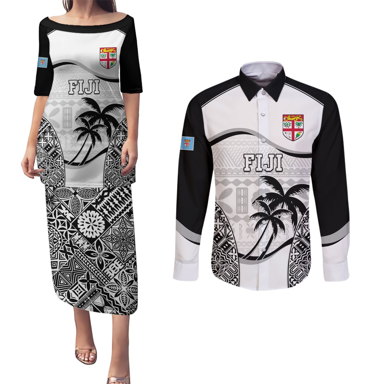 Fiji Rugby Couples Matching Puletasi Dress and Long Sleeve Button Shirts World Cup 2023 Fijian Tapa Pattern Black Version LT05 Black - Polynesian Pride