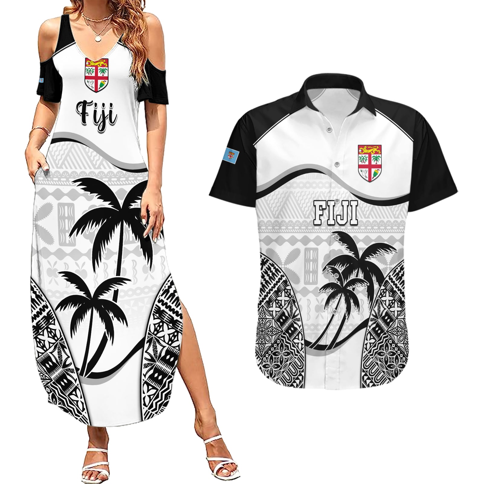 Fiji Rugby Couples Matching Summer Maxi Dress and Hawaiian Shirt World Cup 2023 Fijian Tapa Pattern Black Version LT05 Black - Polynesian Pride