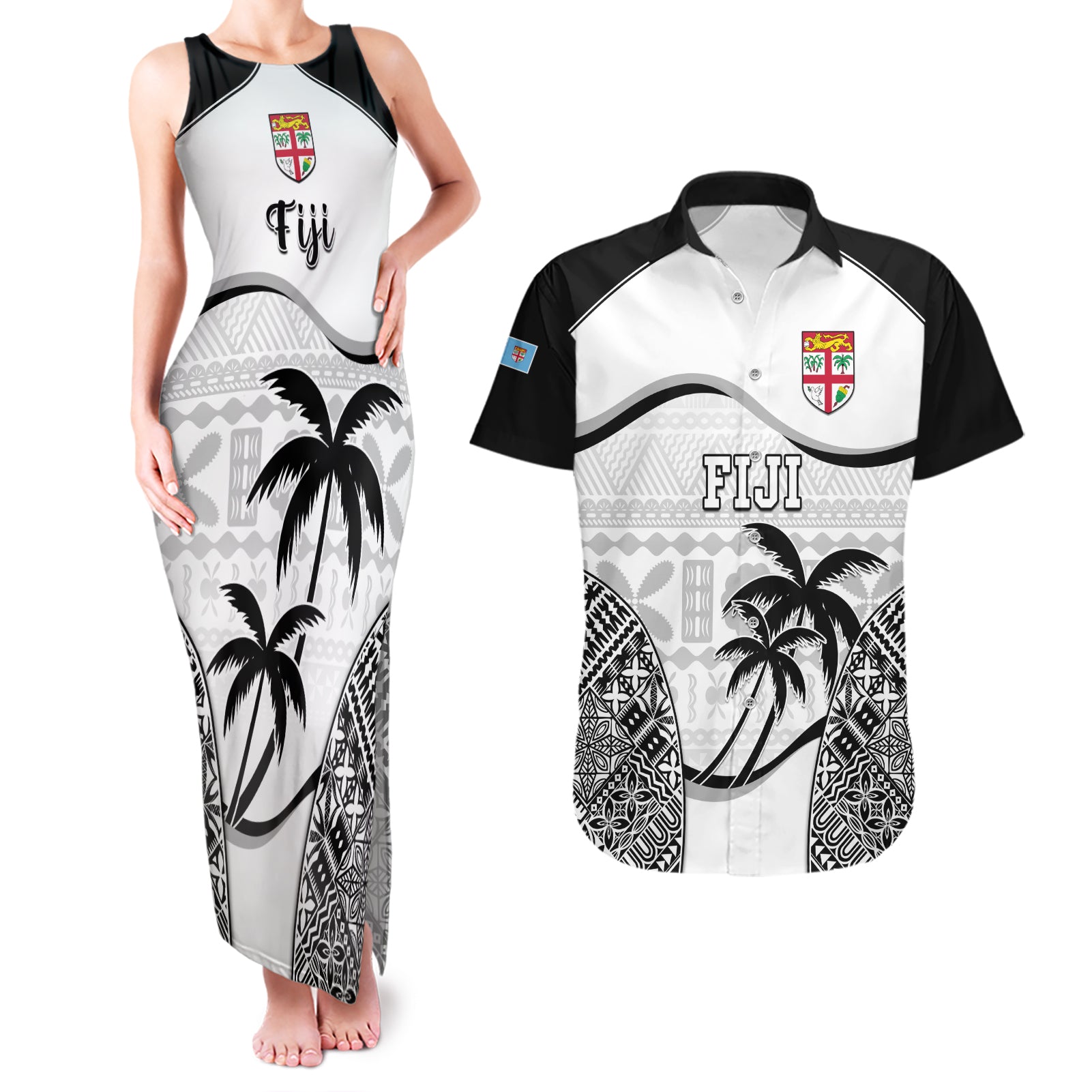 Fiji Rugby Couples Matching Tank Maxi Dress and Hawaiian Shirt World Cup 2023 Fijian Tapa Pattern Black Version LT05 Black - Polynesian Pride