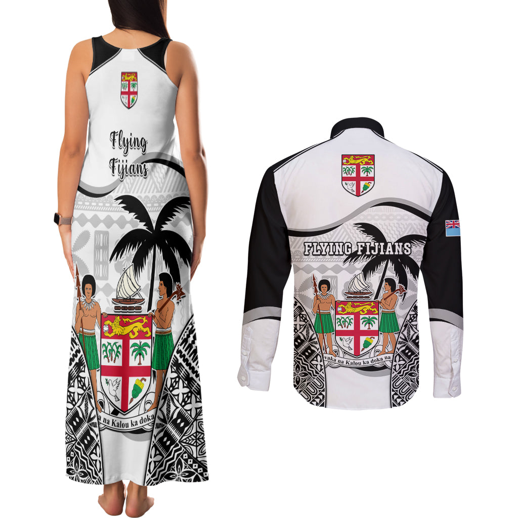 Fiji Rugby Couples Matching Tank Maxi Dress and Long Sleeve Button Shirts World Cup 2023 Fijian Tapa Pattern Black Version LT05 - Polynesian Pride