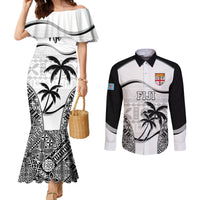 Custom Fiji Rugby Couples Matching Mermaid Dress and Long Sleeve Button Shirts World Cup 2023 Fijian Tapa Pattern Black Version LT05 Black - Polynesian Pride