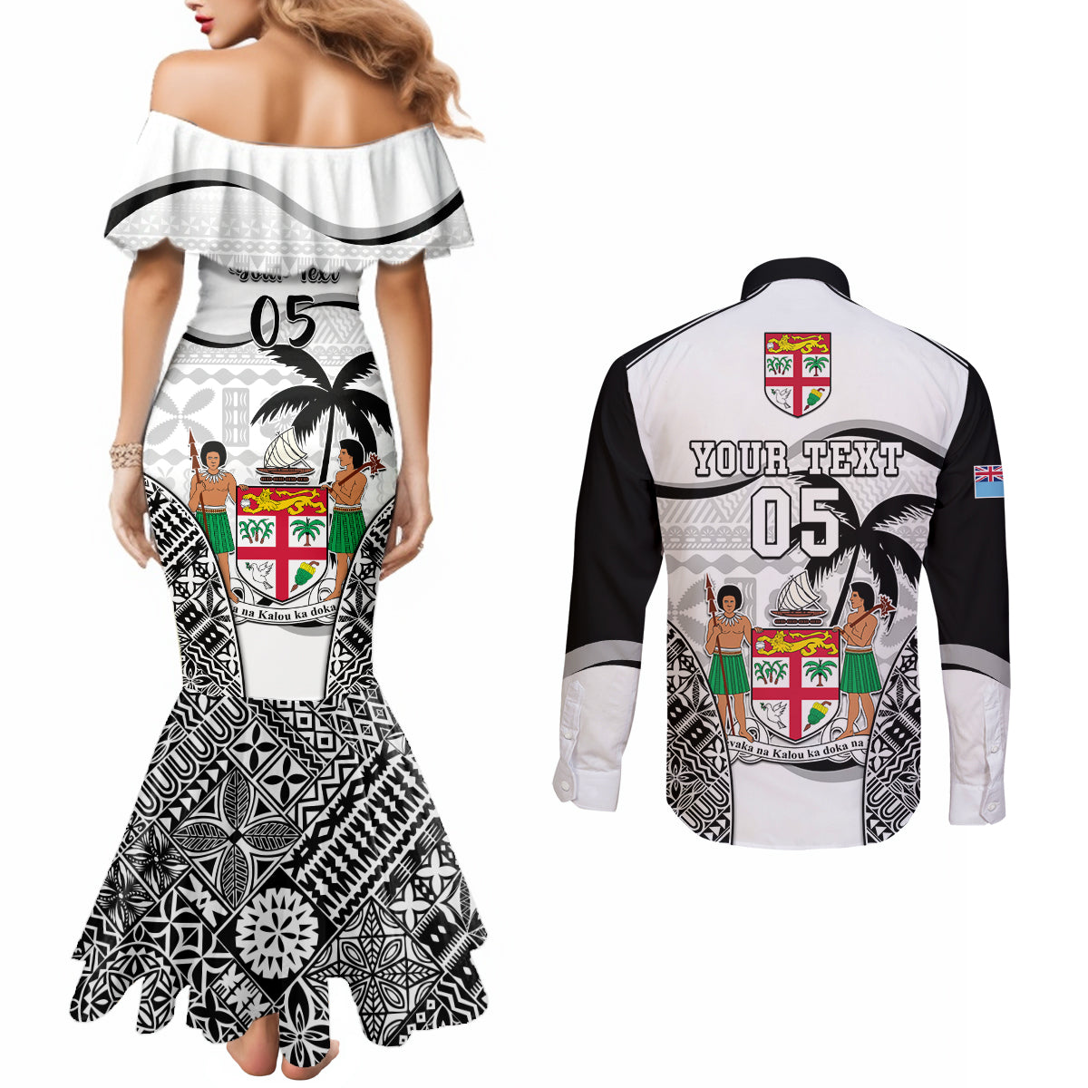 Custom Fiji Rugby Couples Matching Mermaid Dress and Long Sleeve Button Shirts World Cup 2023 Fijian Tapa Pattern Black Version LT05 - Polynesian Pride