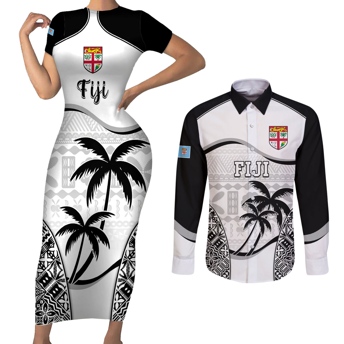 Custom Fiji Rugby Couples Matching Short Sleeve Bodycon Dress and Long Sleeve Button Shirts World Cup 2023 Fijian Tapa Pattern Black Version LT05 Black - Polynesian Pride