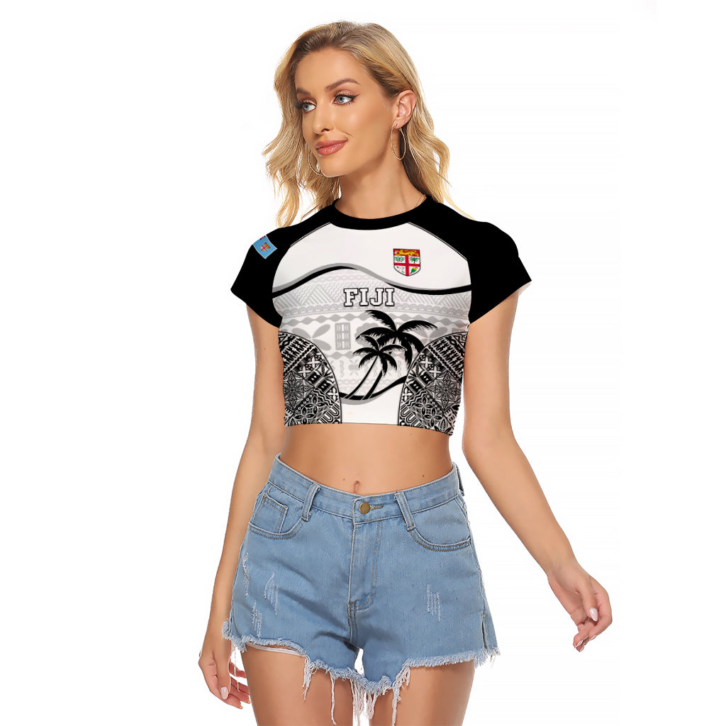 Custom Fiji Rugby Raglan Cropped T Shirt World Cup 2023 Fijian Tapa Pattern Black Version LT05 Female Black - Polynesian Pride