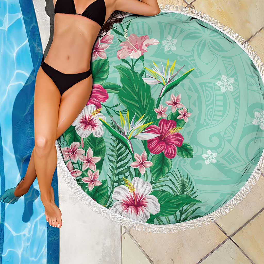 Hawaii Tropical Flowers Beach Blanket Polynesian Tattoo Mint Green
