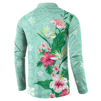 Hawaii Tropical Flowers Button Sweatshirt Polynesian Tattoo Mint Green