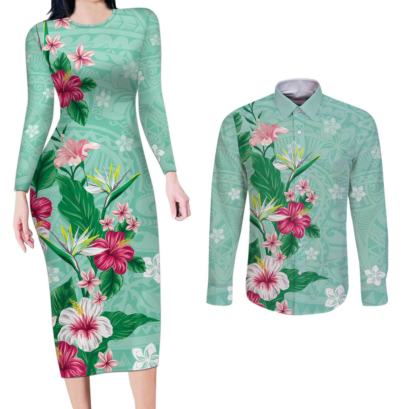 Hawaii Tropical Flowers Couples Matching Long Sleeve Bodycon Dress and Long Sleeve Button Shirt Polynesian Tattoo Mint Green LT05 Green - Polynesian Pride