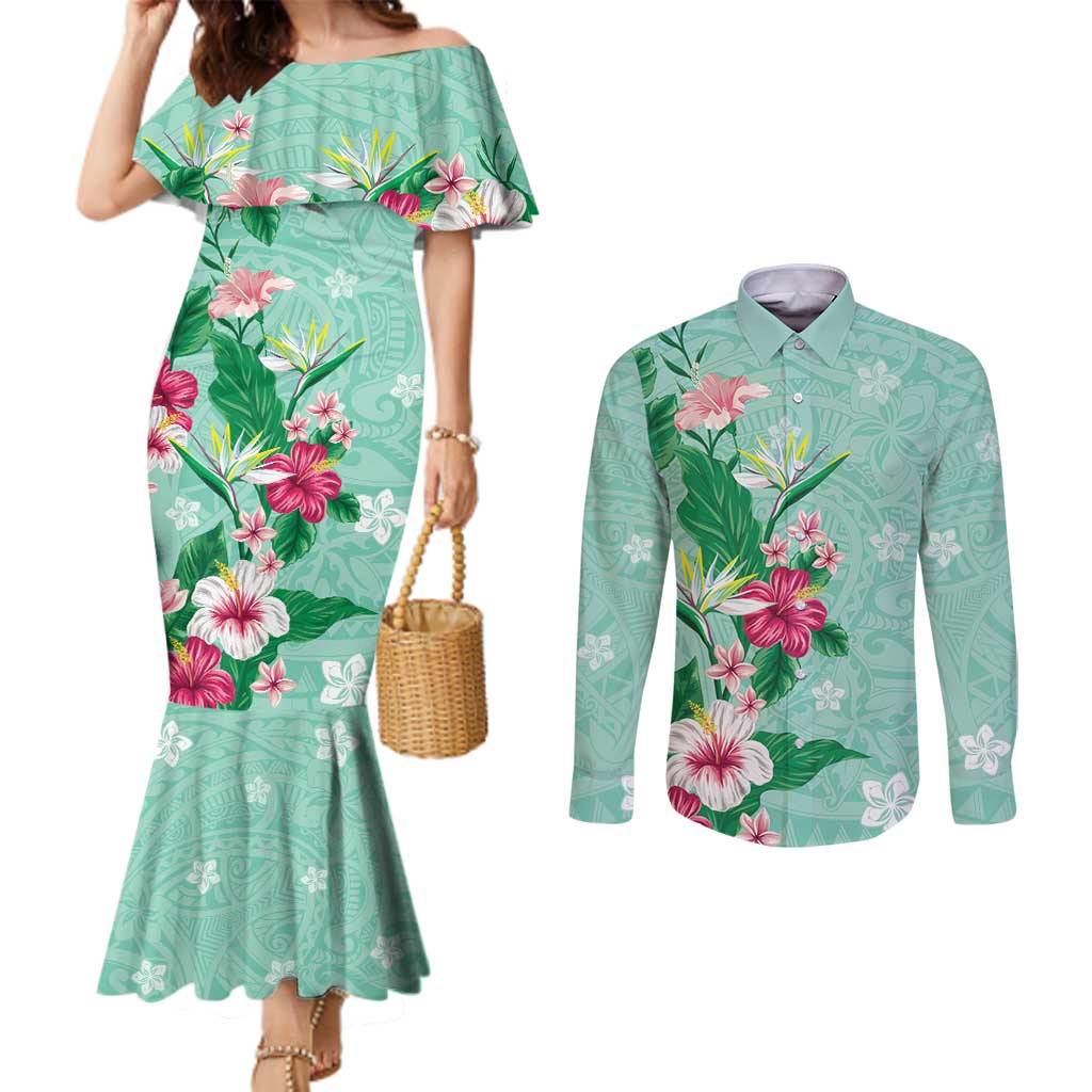 Hawaii Tropical Flowers Couples Matching Mermaid Dress and Long Sleeve Button Shirt Polynesian Tattoo Mint Green LT05 Green - Polynesian Pride