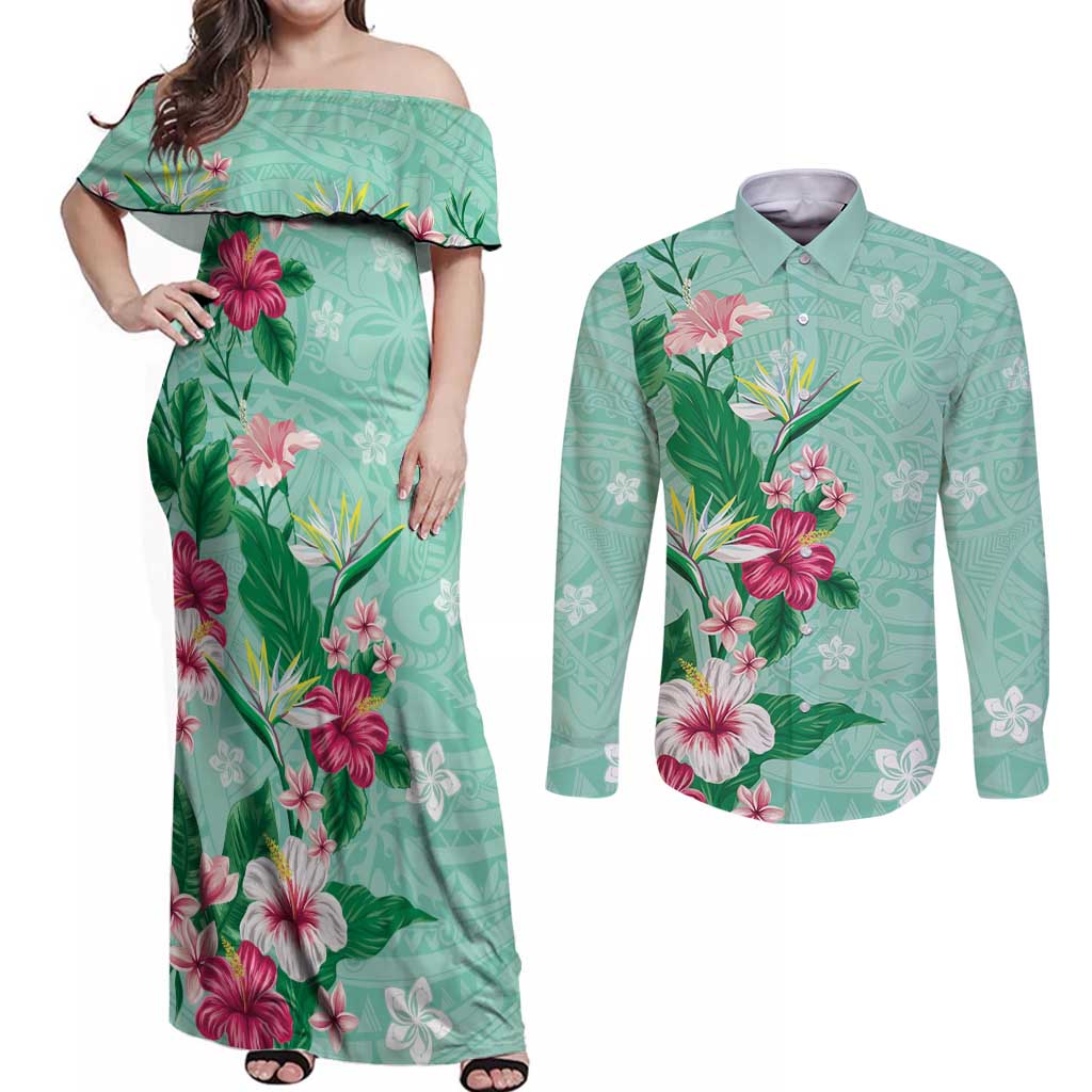 Hawaii Tropical Flowers Couples Matching Off Shoulder Maxi Dress and Long Sleeve Button Shirt Polynesian Tattoo Mint Green LT05 Green - Polynesian Pride