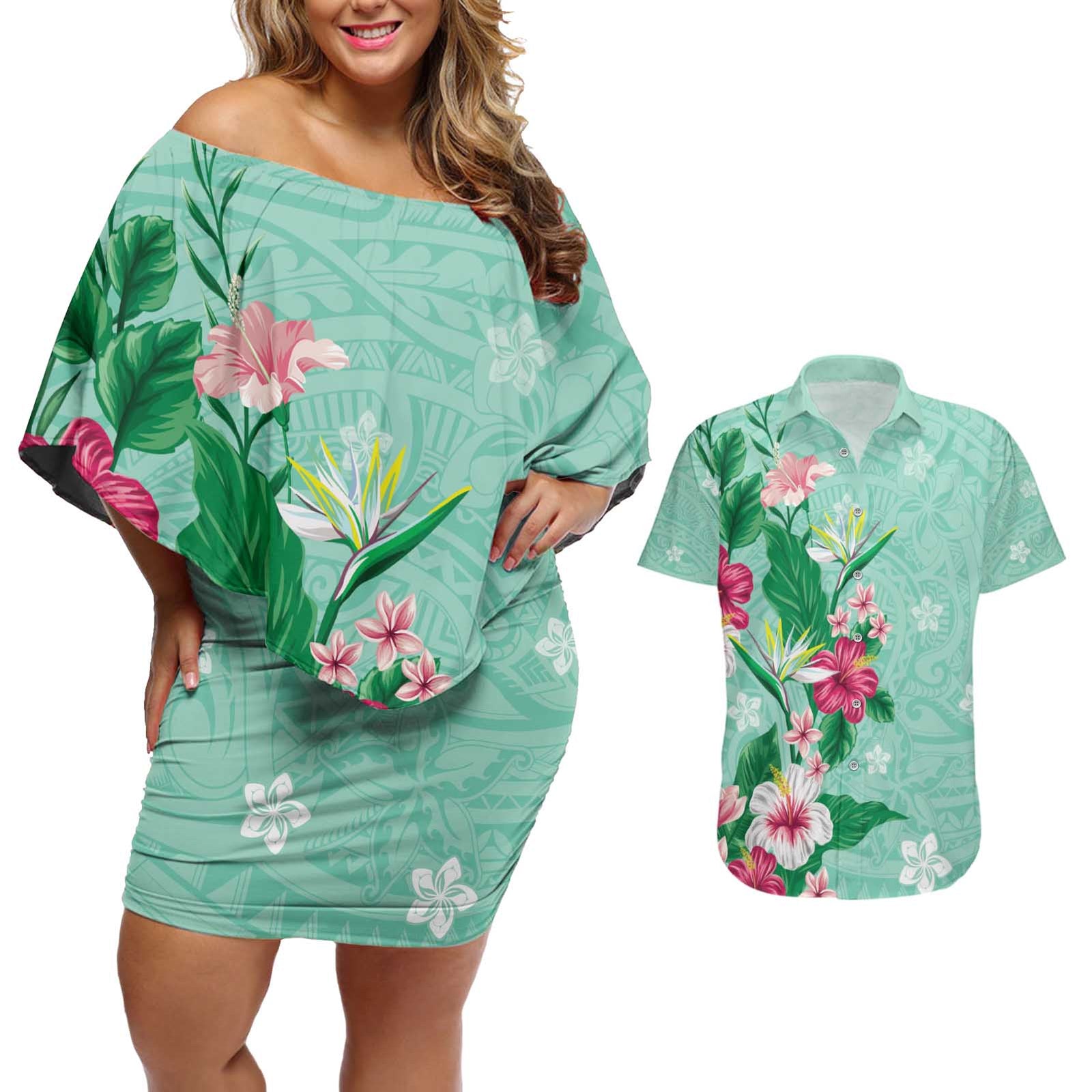 Hawaii Tropical Flowers Couples Matching Off Shoulder Short Dress and Hawaiian Shirt Polynesian Tattoo Mint Green LT05 Green - Polynesian Pride