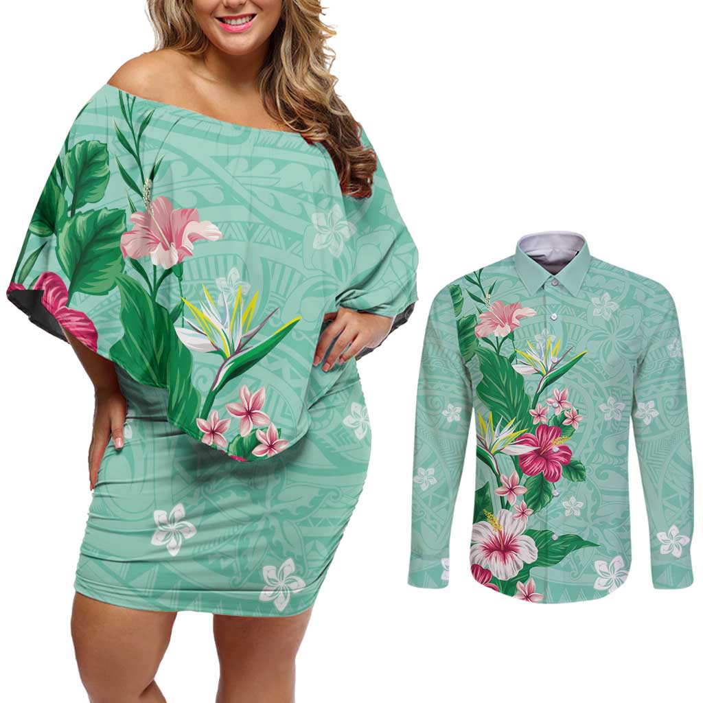 Hawaii Tropical Flowers Couples Matching Off Shoulder Short Dress and Long Sleeve Button Shirt Polynesian Tattoo Mint Green LT05 Green - Polynesian Pride