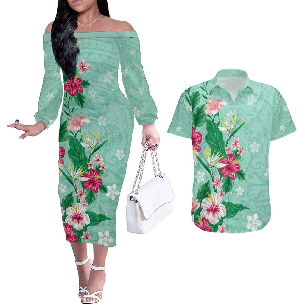 Hawaii Tropical Flowers Couples Matching Off The Shoulder Long Sleeve Dress and Hawaiian Shirt Polynesian Tattoo Mint Green LT05 Green - Polynesian Pride