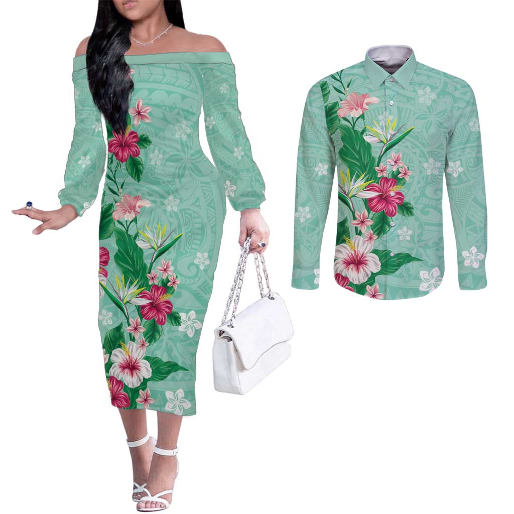 Hawaii Tropical Flowers Couples Matching Off The Shoulder Long Sleeve Dress and Long Sleeve Button Shirt Polynesian Tattoo Mint Green LT05 Green - Polynesian Pride
