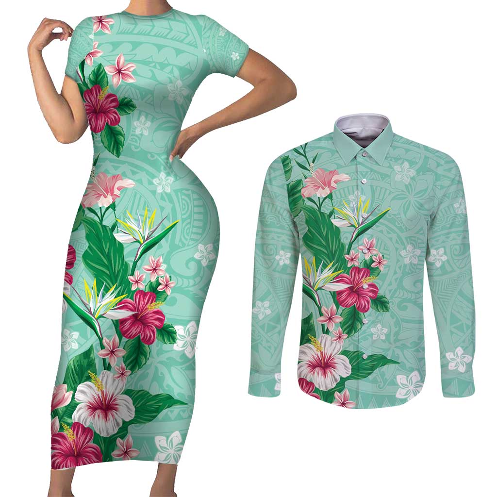 Hawaii Tropical Flowers Couples Matching Short Sleeve Bodycon Dress and Long Sleeve Button Shirt Polynesian Tattoo Mint Green LT05 Green - Polynesian Pride