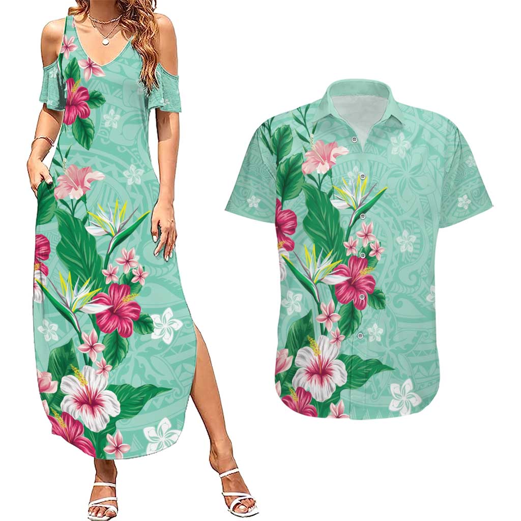 Hawaii Tropical Flowers Couples Matching Summer Maxi Dress and Hawaiian Shirt - Polynesian Tattoo Mint Green LT05 Green - Polynesian Pride