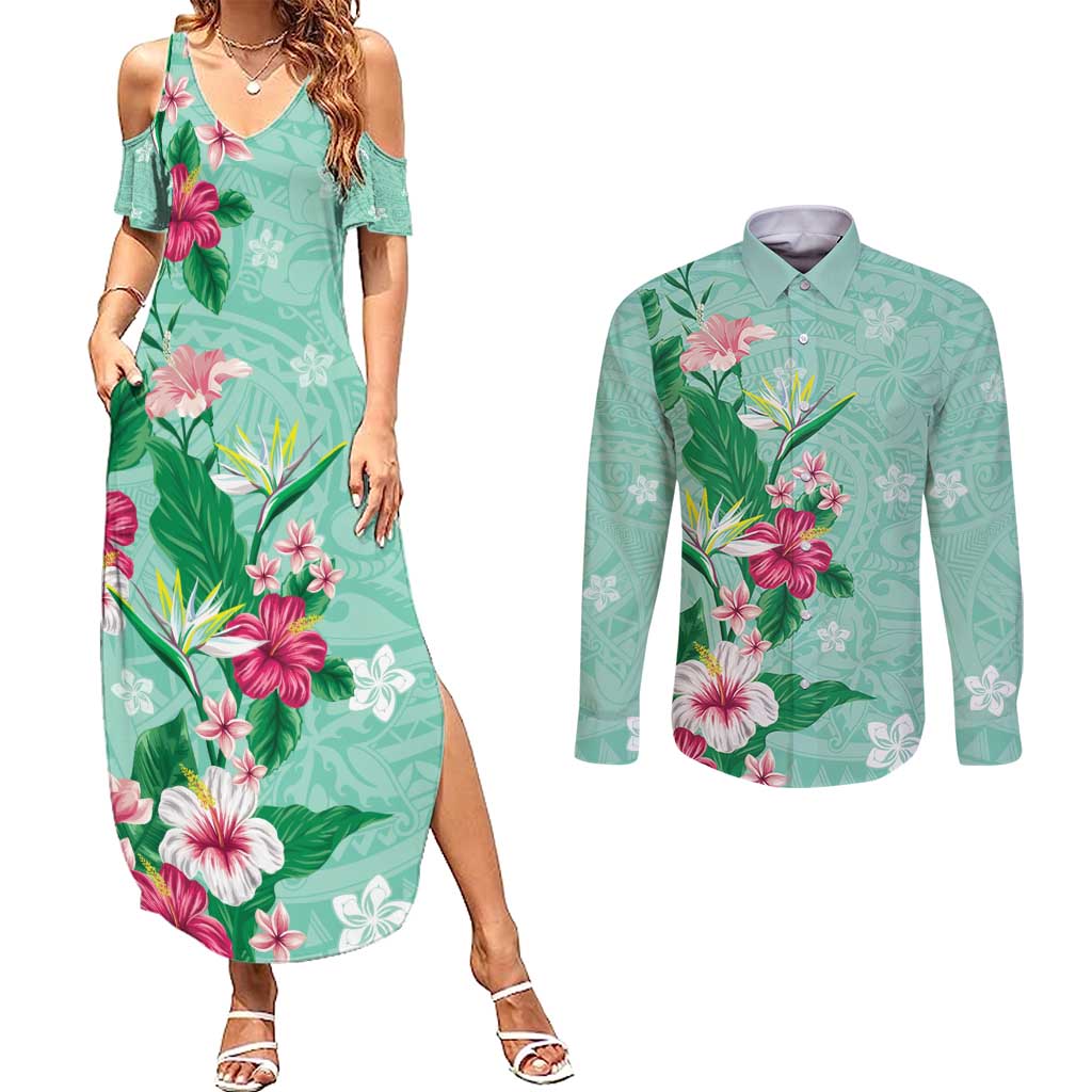 Hawaii Tropical Flowers Couples Matching Summer Maxi Dress and Long Sleeve Button Shirt Polynesian Tattoo Mint Green LT05 Green - Polynesian Pride