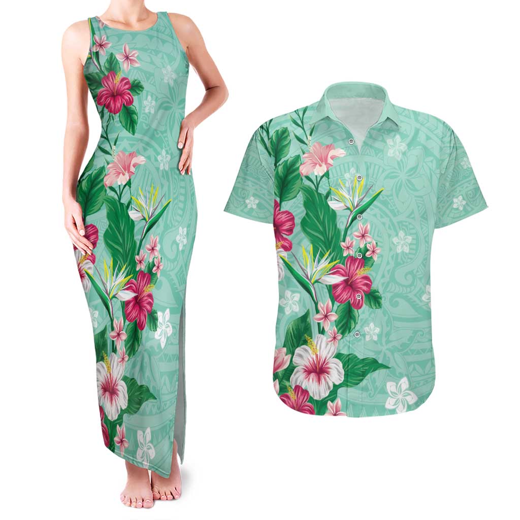 Hawaii Tropical Flowers Couples Matching Tank Maxi Dress and Hawaiian Shirt - Polynesian Tattoo Mint Green LT05 Green - Polynesian Pride