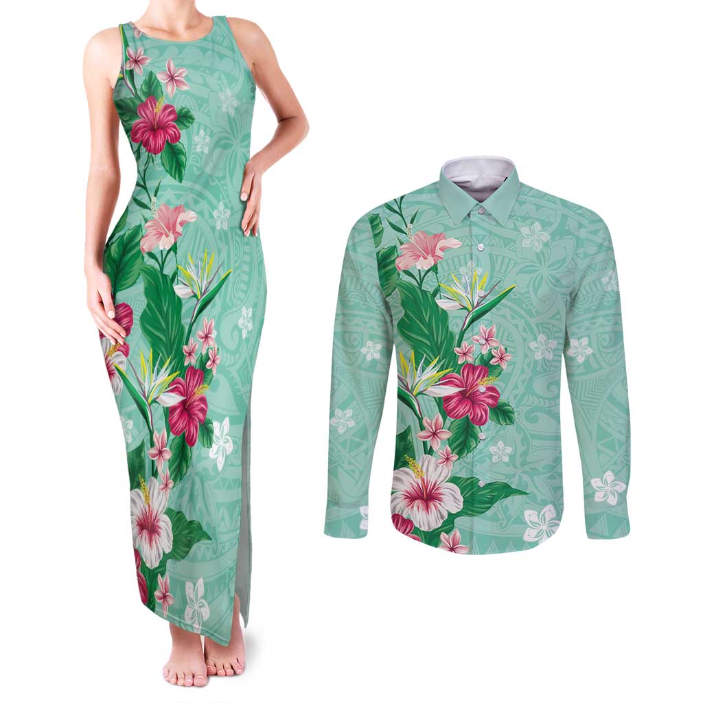 Hawaii Tropical Flowers Couples Matching Tank Maxi Dress and Long Sleeve Button Shirt Polynesian Tattoo Mint Green LT05 Green - Polynesian Pride