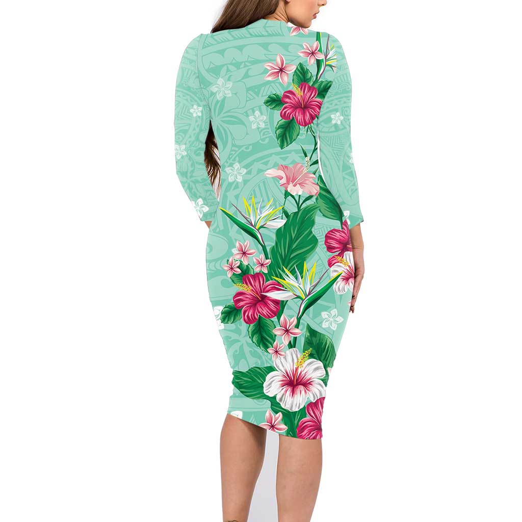 Hawaii Tropical Flowers Family Matching Long Sleeve Bodycon Dress and Hawaiian Shirt Polynesian Tattoo Mint Green