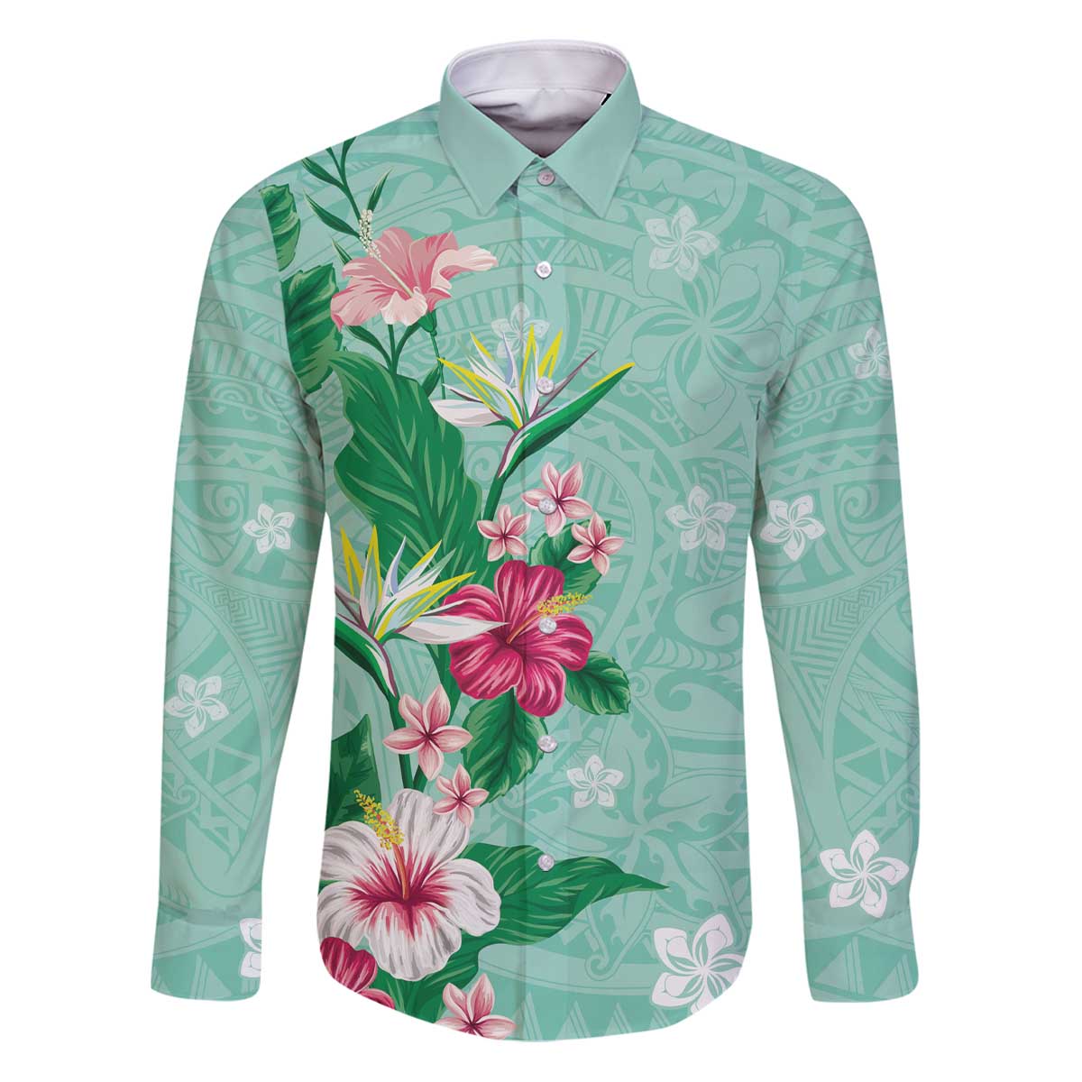 Hawaii Tropical Flowers Family Matching Puletasi and Hawaiian Shirt Polynesian Tattoo Mint Green