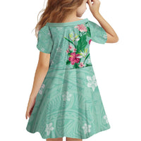 Hawaii Tropical Flowers Family Matching Short Sleeve Bodycon Dress and Hawaiian Shirt Polynesian Tattoo Mint Green